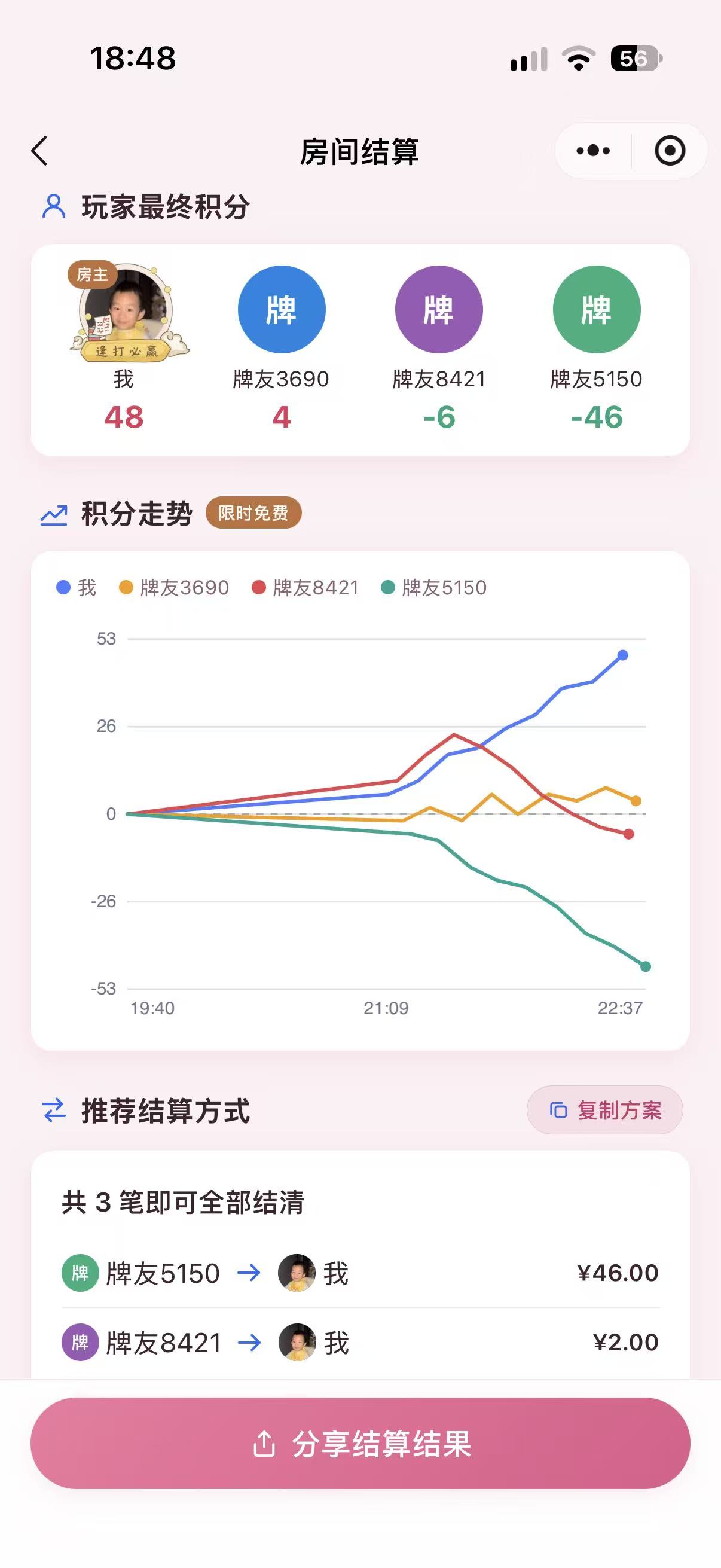 房间结算：积分走势与转账方案